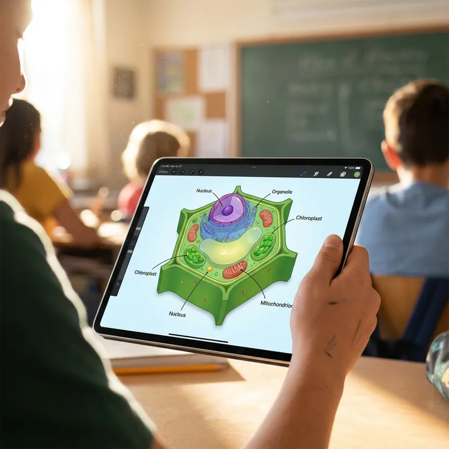 A student using a tablet in a classroom to study an interactive diagram of a cell